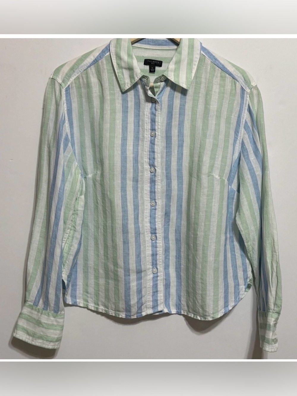 Talbots green & blue striped linen button down blouse